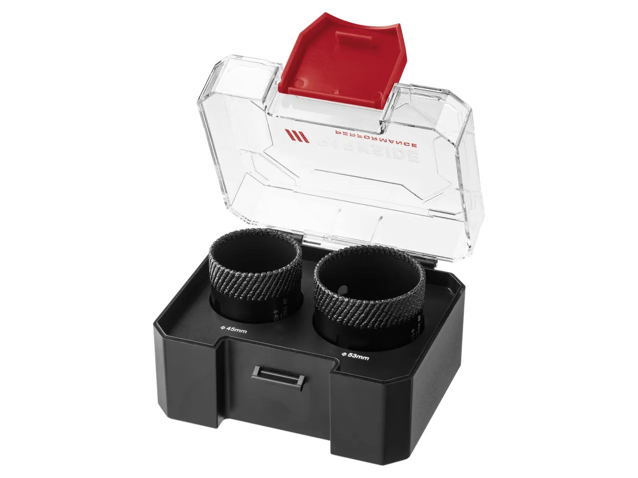 Διαμαντοκορώνες Parkside Performance® 45mm και 53mm σε διαφανές κουτί.