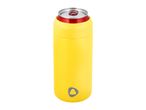 Yellow insulated can cooler with a red beverage can inside, featuring a triangular logo.