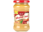 Borcan de muștar iute Kania de 300g, cu imagine de cârnați și ardei iuți.