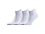 Three pairs of white no-show socks are neatly arranged.