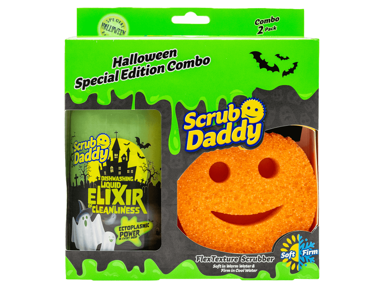 Halloweeni tisztítószer csomag mosogatószerrel és tök formájú szivaccsal.