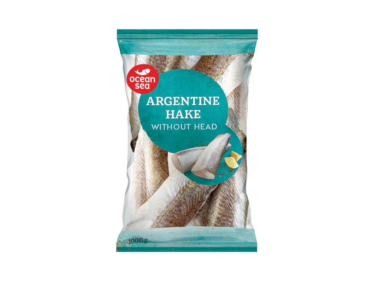 Pakovanje smrznutog argentinskog oslića bez glave marke Ocean Sea, 1000g.