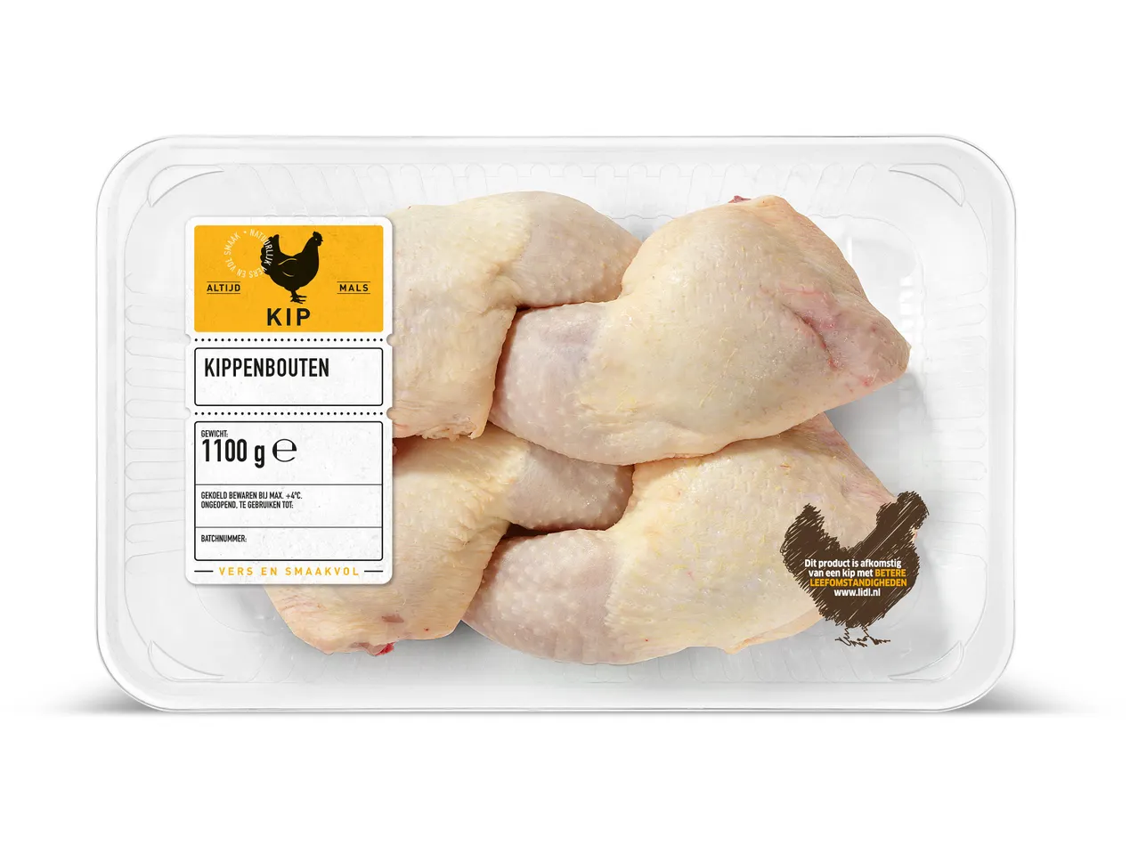 1100 g kippenboutjes in plastic verpakking.