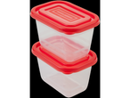 Two stackable, clear plastic food containers with bright red lids.