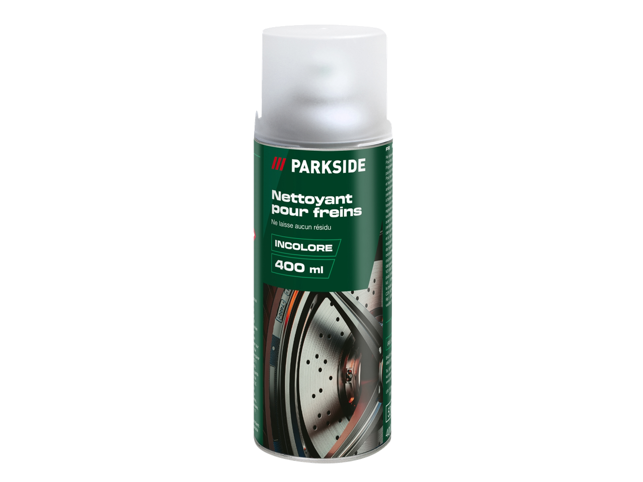 Spray nettoyant pour freins, incolore, 400 ml, ne laisse aucun résidu, avec graphique de disque de frein.