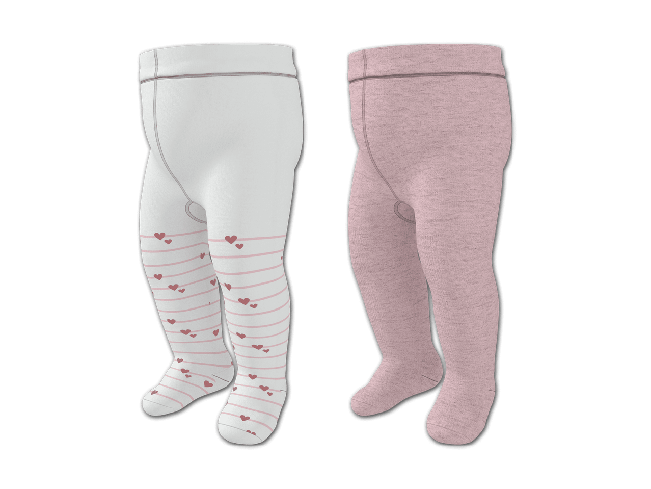 Zwei Baby-Strumpfhosen: eine weiße mit rosa Herzen und Streifen, eine rosa.