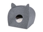 Graues Katzenhaus aus Filz mit Ohren und Zoofari-Logo