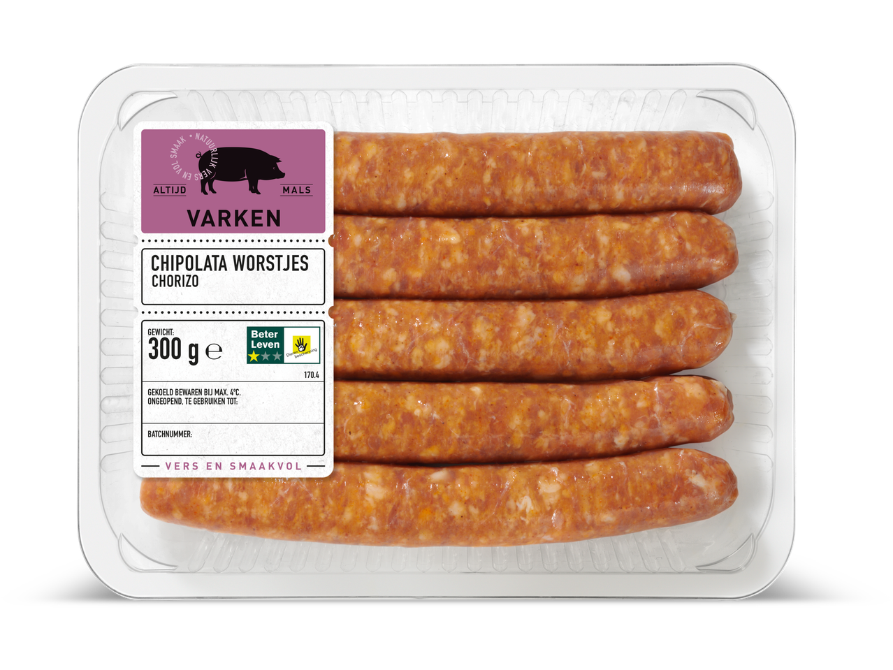 Chipolata Chorizo worstjes Beter Leven in verpakking.