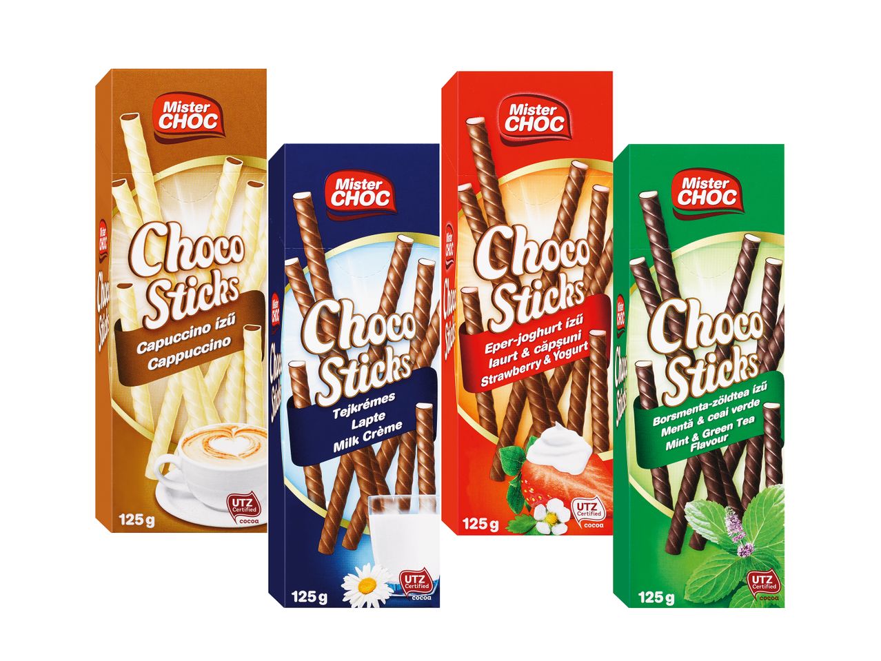 Keturi „Mister Choc Choco Sticks“ skonių variantai: kapučino, pieno kremo, braškių ir jogurto, bei mėtų ir žaliosios arbatos.