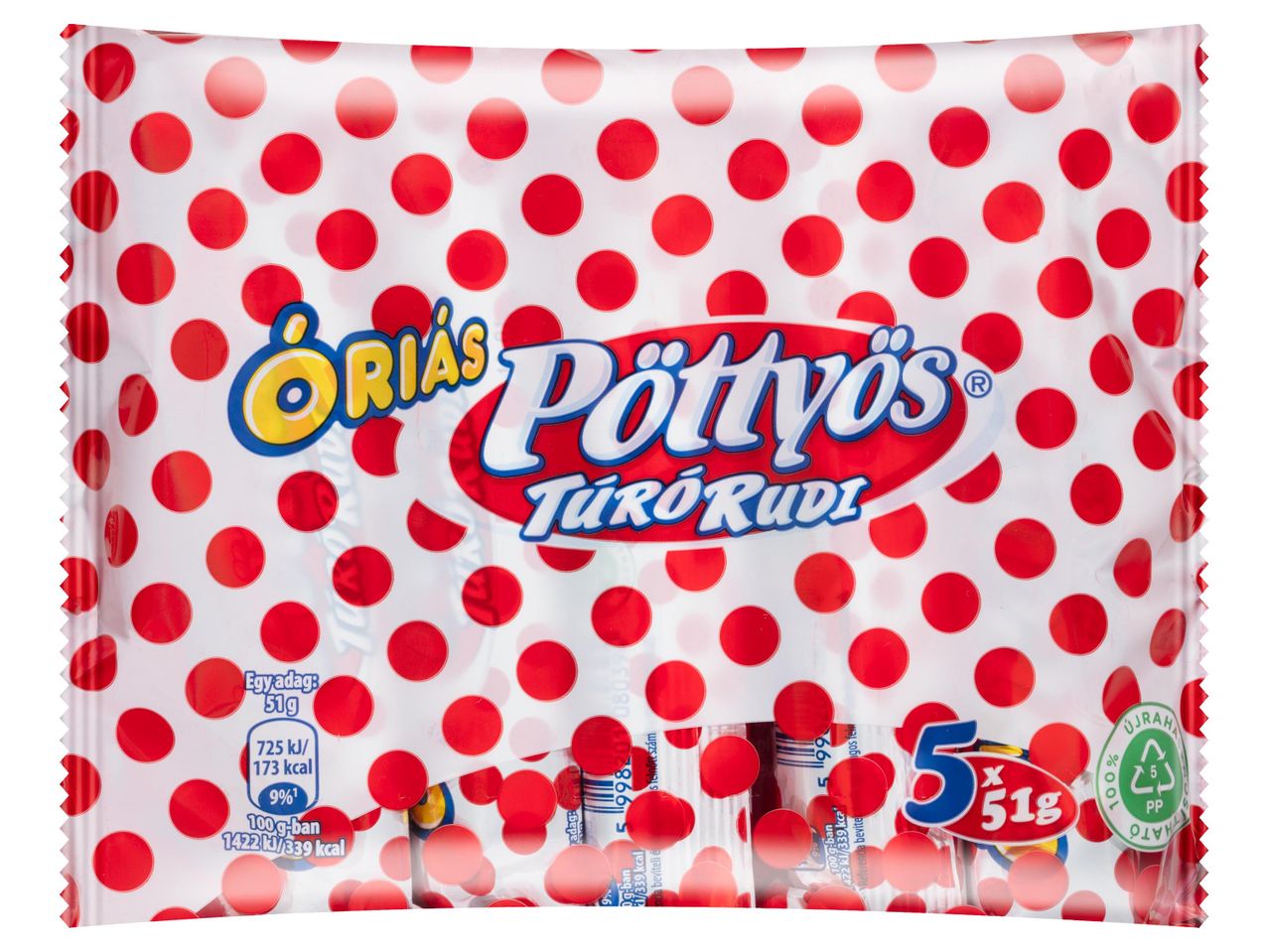 Fehér csomagolás piros pöttyökkel, rajta „Óriás Pöttyös Túró Rudi” felirat.