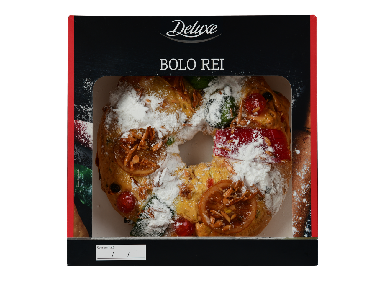 Bolo Rei Deluxe numa caixa preta e vermelha com janela transparente