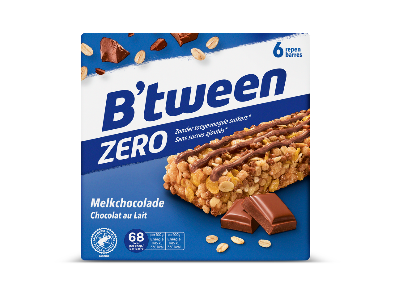 B'tween Zero melkchocolade graanrepen met haver en stukjes chocolade.