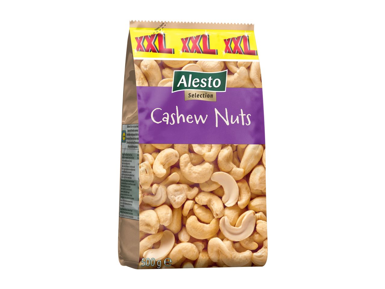 A 500g bag of Alesto Selection XXL Cashew Nuts.