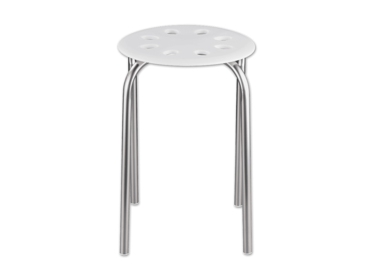 Ein weißer Hocker mit silbernen Beinen steht auf schwarzem Hintergrund.