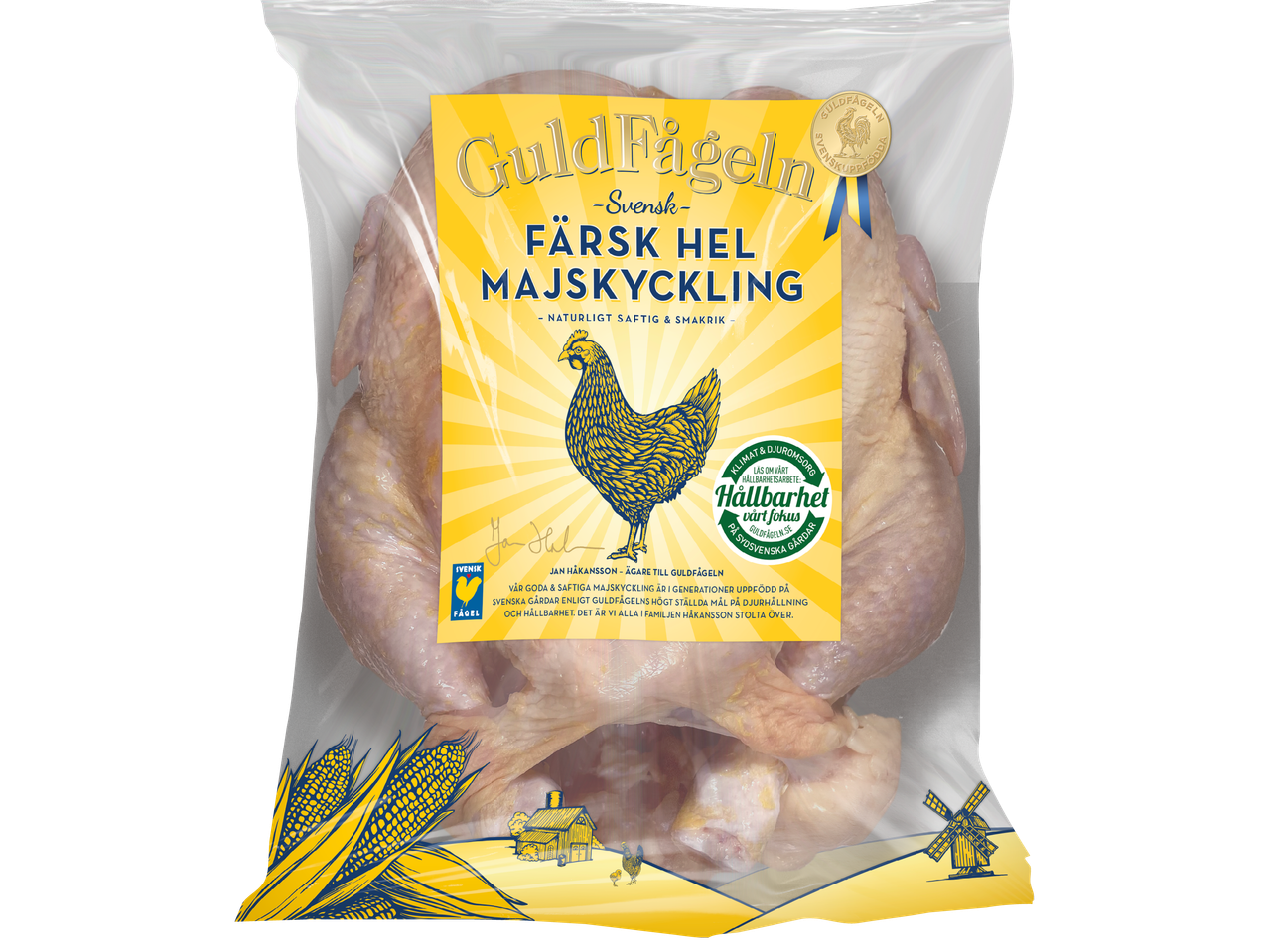 Guldfågeln färsk hel majskyckling i plastpåse.