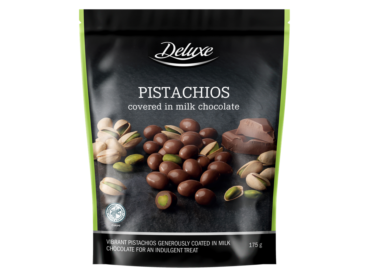Deluxe pistaches omhuld met melkchocolade (175g).
