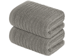Two stacked gray bath towels.