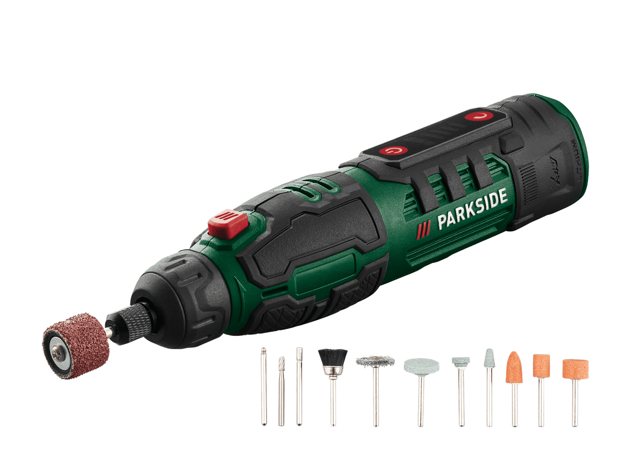 Outil multifonction vert avec accessoire de ponçage et divers embouts.