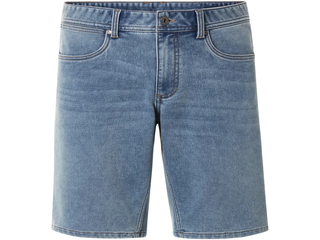 Light blue denim shorts.