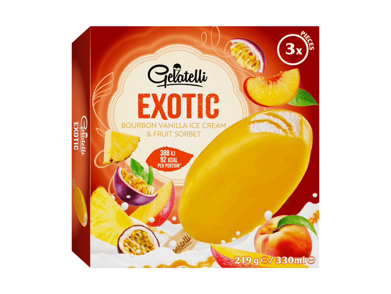 Exotisches Eis am Stiel mit Bourbon-Vanilleeis und Fruchtsorbet, 3 Stück pro Packung.