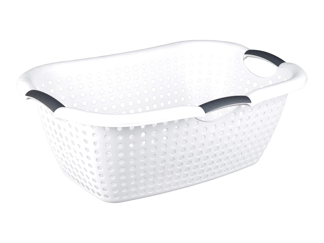 White laundry basket with black handles, featuring a perforated design.