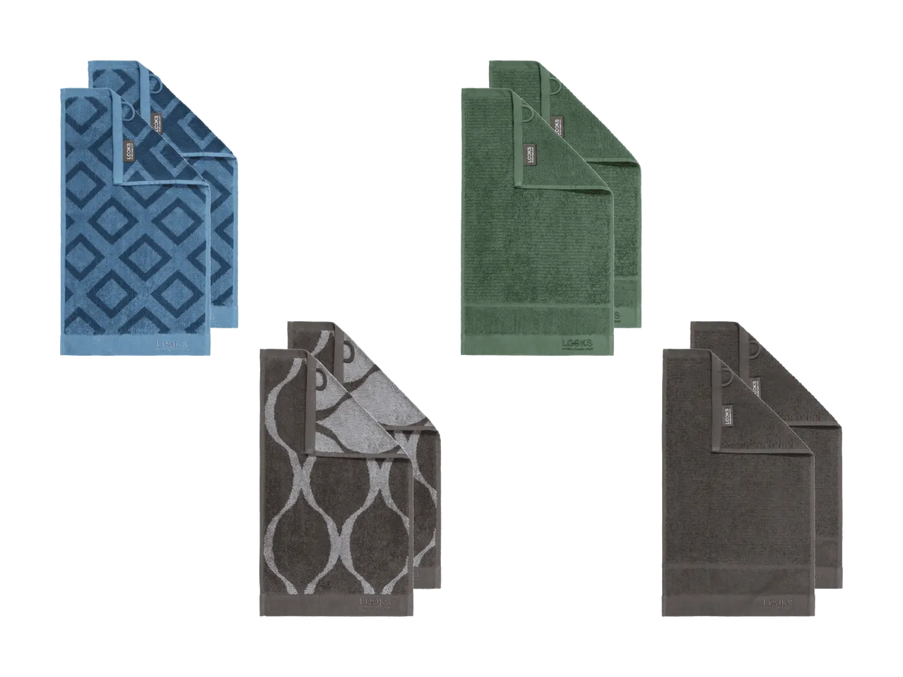 Handtuchsets in verschiedenen Mustern und Farben, darunter blau mit Rauten, grün gestreift und grau gemustert.
