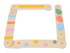Wooden baby activity frame with colorful shapes and bars.