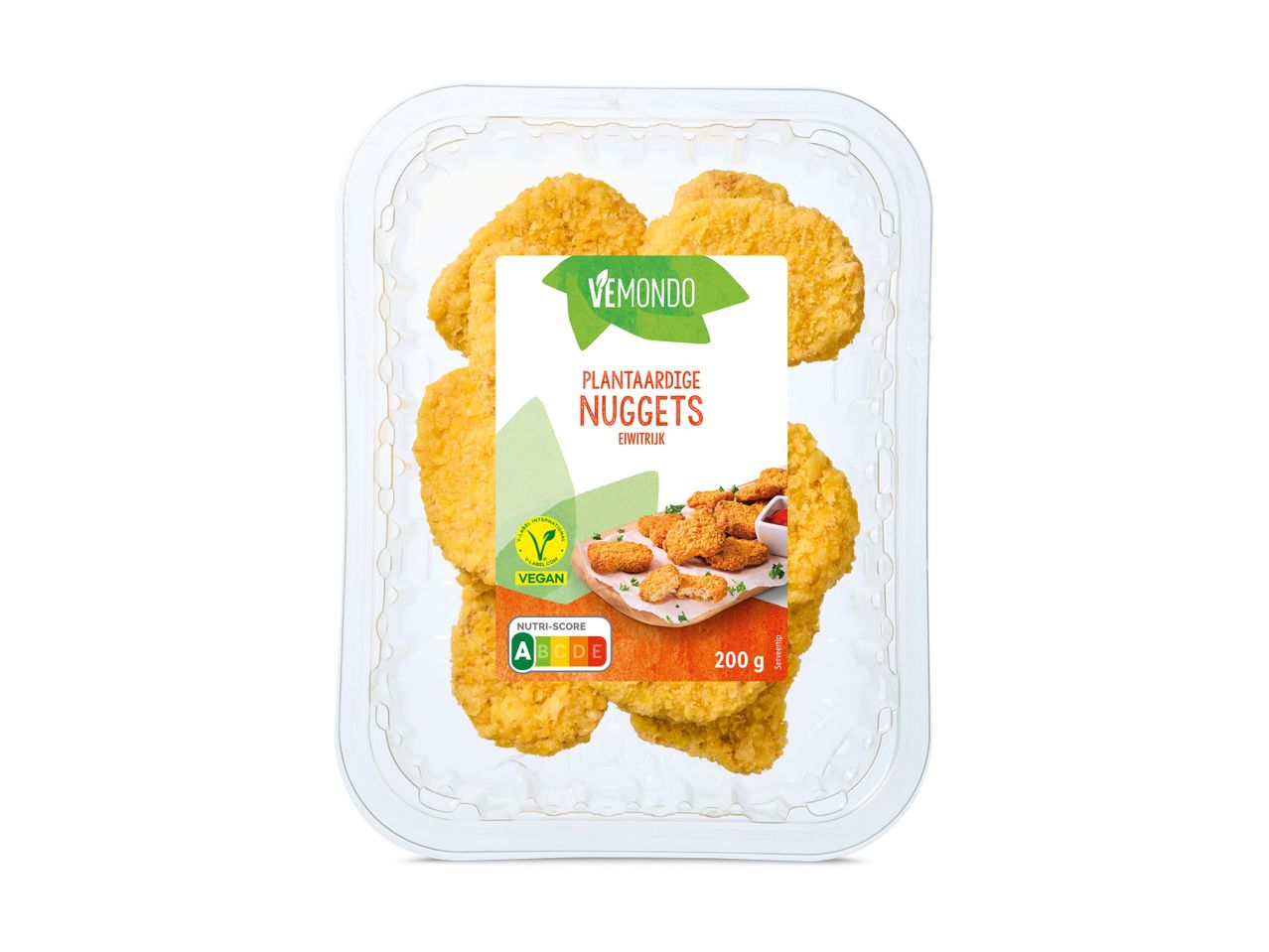 Vemondo vegane nuggets: plantaardige nuggets in doorzichtige verpakking.