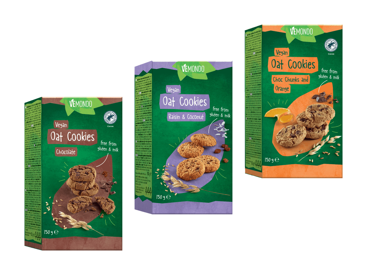 Drei Packungen vegane Haferkekse in den Geschmacksrichtungen Schokolade, Rosine-Kokos und Schoko-Orange.