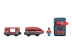 A red toy train set with two cars, a figurine, and a remote control.