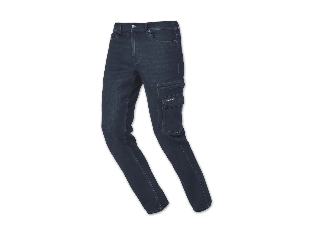 Dunkelblaue Jeanshose mit Cargotasche und rotem Logo auf der Seite