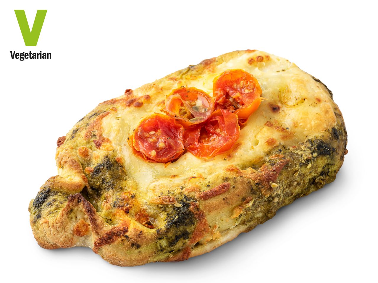 Vegetarian pizza with pesto, mozzarella, and cherry tomatoes.