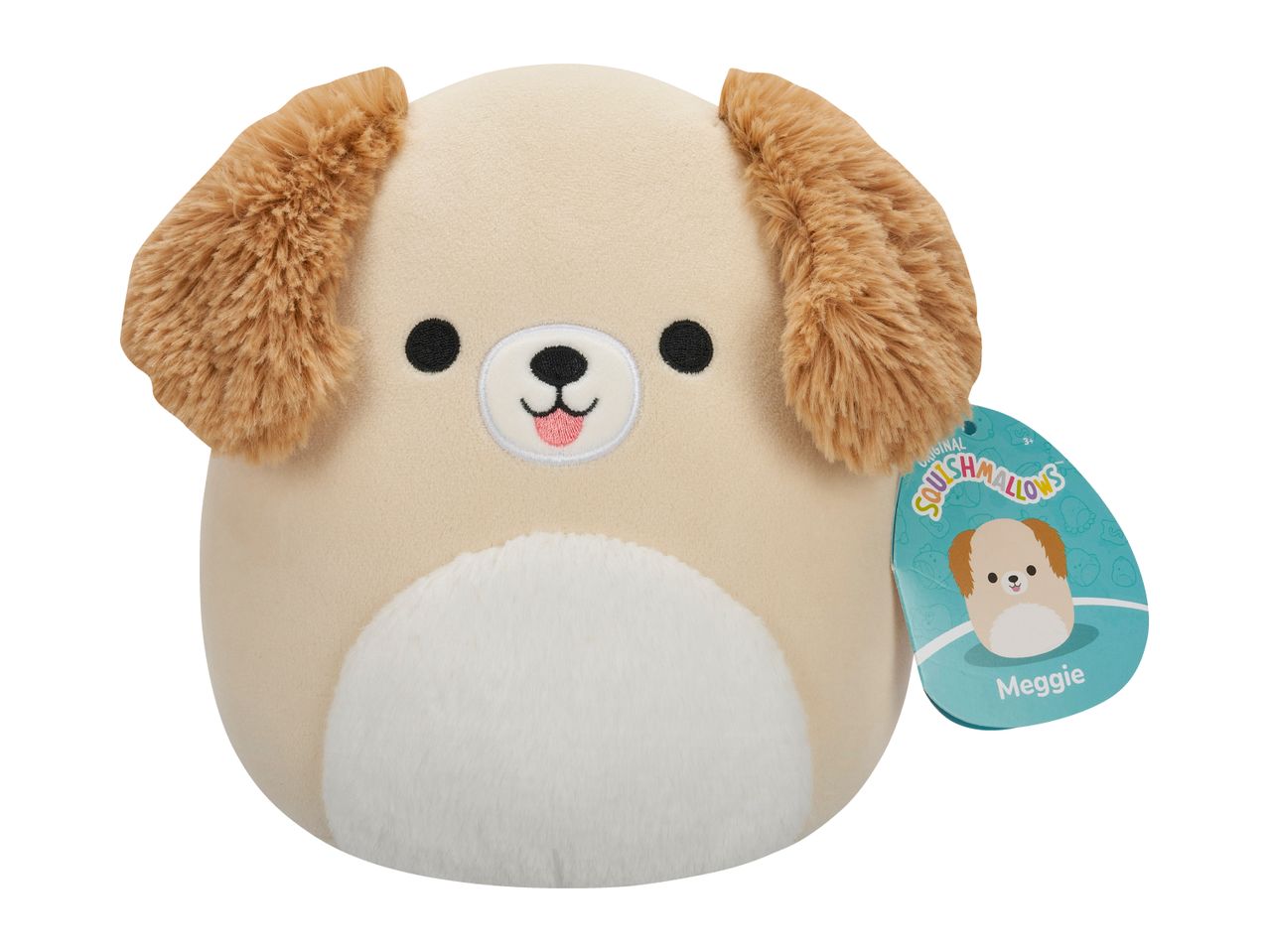 Cream-colored plush dog with brown floppy ears, black eyes, and a pink tongue, with a tag.