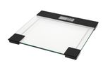 A black and clear glass bathroom scale.
