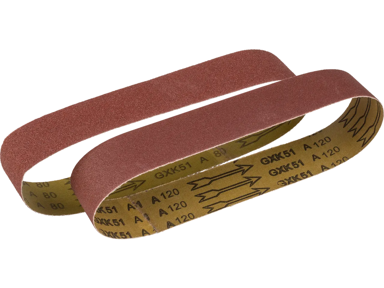 Dvi abrazyvinės šlifavimo juostos stacionariam juostiniam šlifuokliui, viena su 80 grūdėtumu, kita su 120 grūdėtumu.