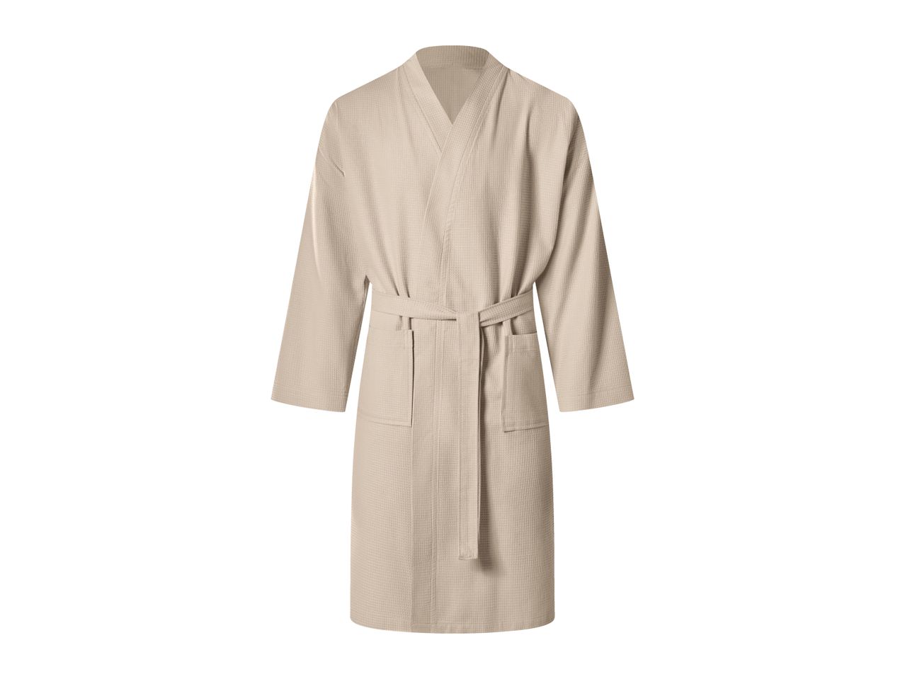 Beige waffle weave bathrobe with a tie belt and pockets.