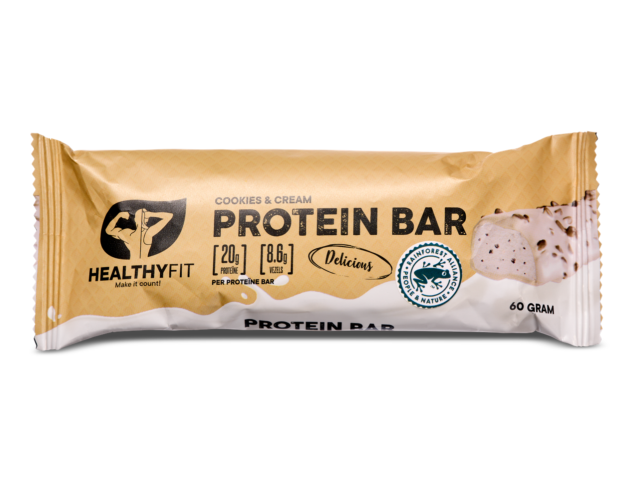 Healthyfit proteinreep, cookies & cream smaak.