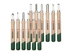 A set of twelve wood carving chisels with light wooden handles and green painted tips.