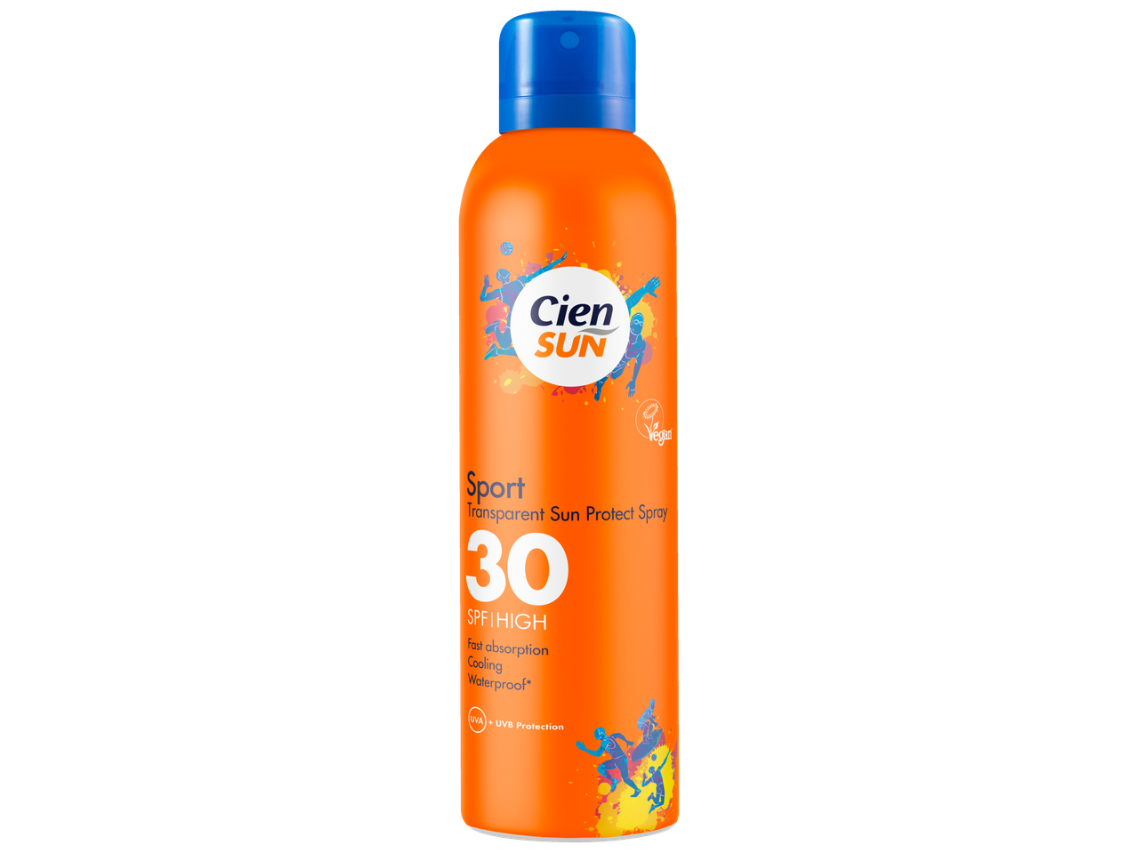 Orange sport sun protect spray with SPF 30, featuring active figures and a vegan logo.