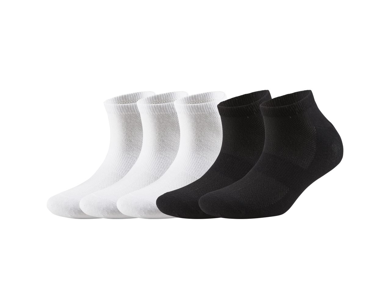 Five sports socks: three white, two black.