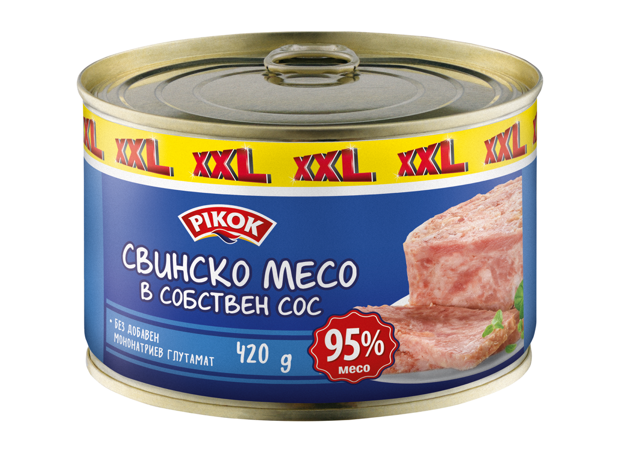 Консерва свинско месо в собствен сос, 420 гр, 95% месо, без добавен мононатриев глутамат.