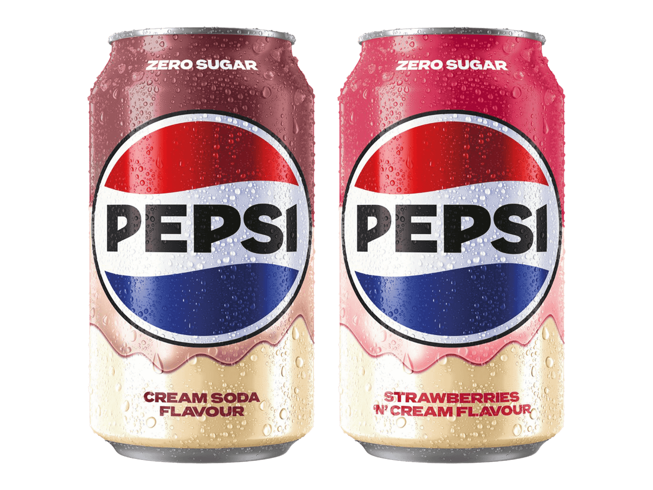 Kaksi sokeritonta virvoitusjuomatölkkiä: Cream Soda- ja Strawberries 'N' Cream -makuiset.