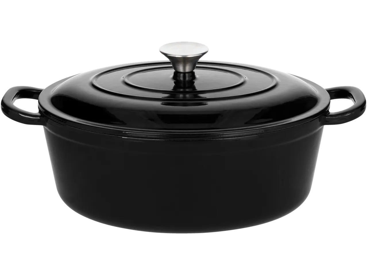 Een zwarte gietijzeren pan met deksel en zilveren handvat.