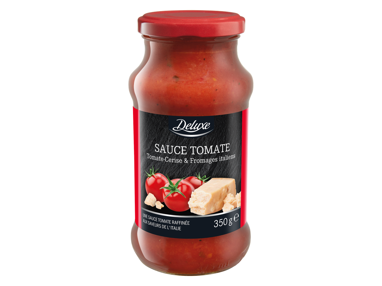 Bocal de sauce tomate raffinée aux saveurs italiennes, avec tomates cerises et fromages.