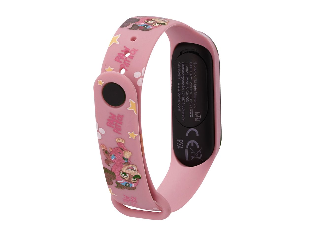 Pink Paw Patrol kids fitness tracker with printed band.