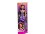 Barbie doll with long dark hair wearing a sparkly purple dress in a clear box