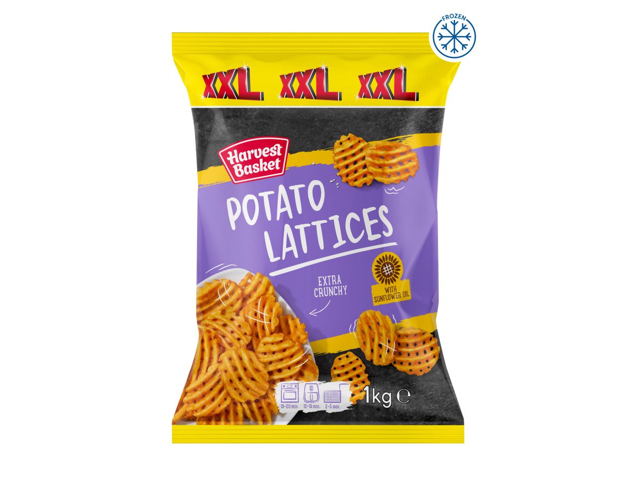 Harvest Basket XXL Potato Lattices: 1kg bag of extra crunchy frozen potato chips, cooked in sunflower oil.