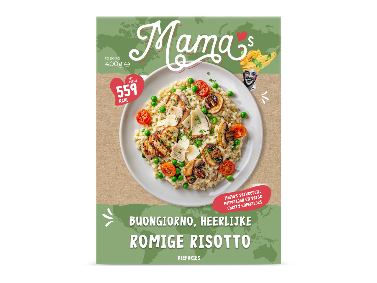 Een verpakking voor romige risotto met kip, champignons, erwten en cherrytomaatjes, met 559 kcal per portie.