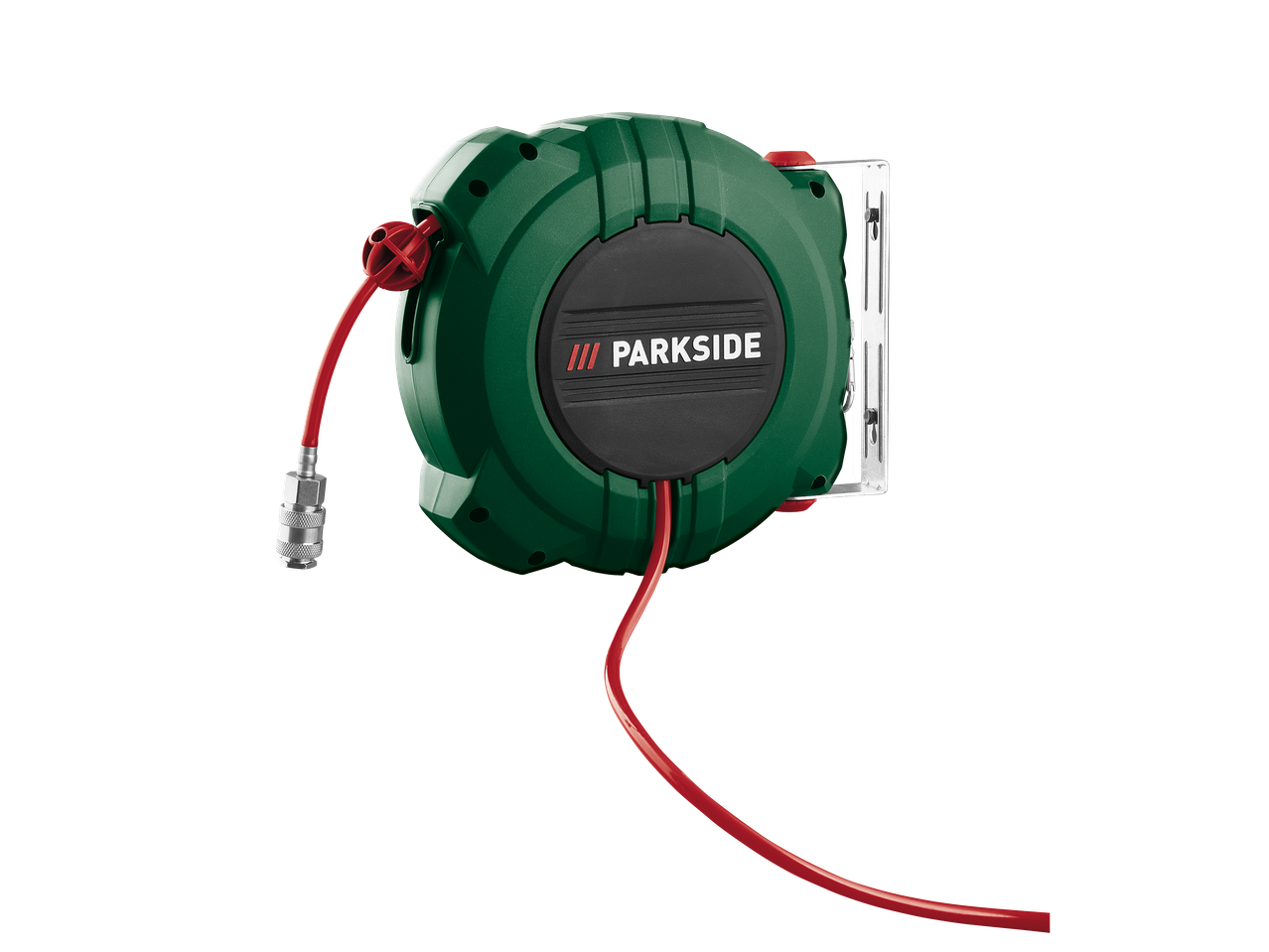 Enrouleur de tuyau d'air comprimé vert et noir avec tuyau rouge et raccord rapide.