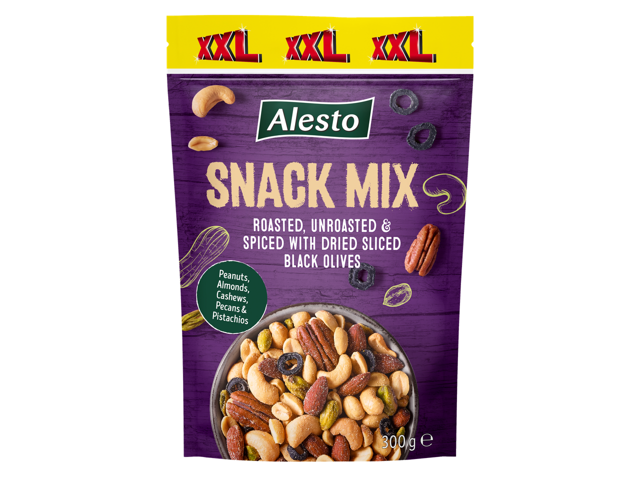Amestec Alesto XXL Snack Mix: nuci prăjite, neprăjite și condimentate cu felii de măsline negre uscate (300g).